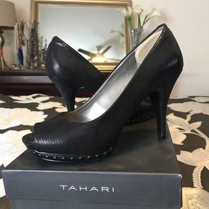 Tahari leather open toe heels